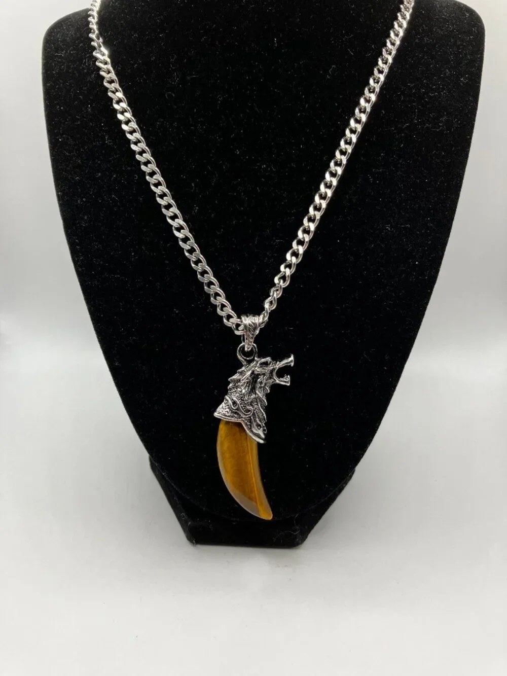Tiger Eye Gemstone Tusk AND Men's Chunky 20 inch Stainless Steel Chain